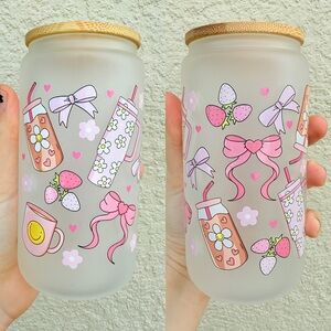 Frosted Glass Jar with Strawberries and Bows Design